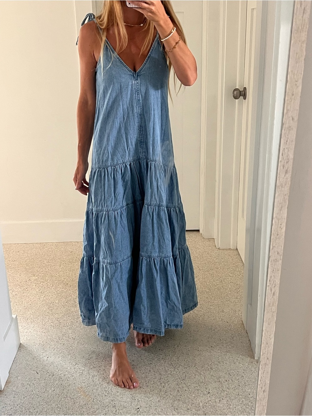 Light Blue Denim Tiered Maxi Dress with Tie Straps